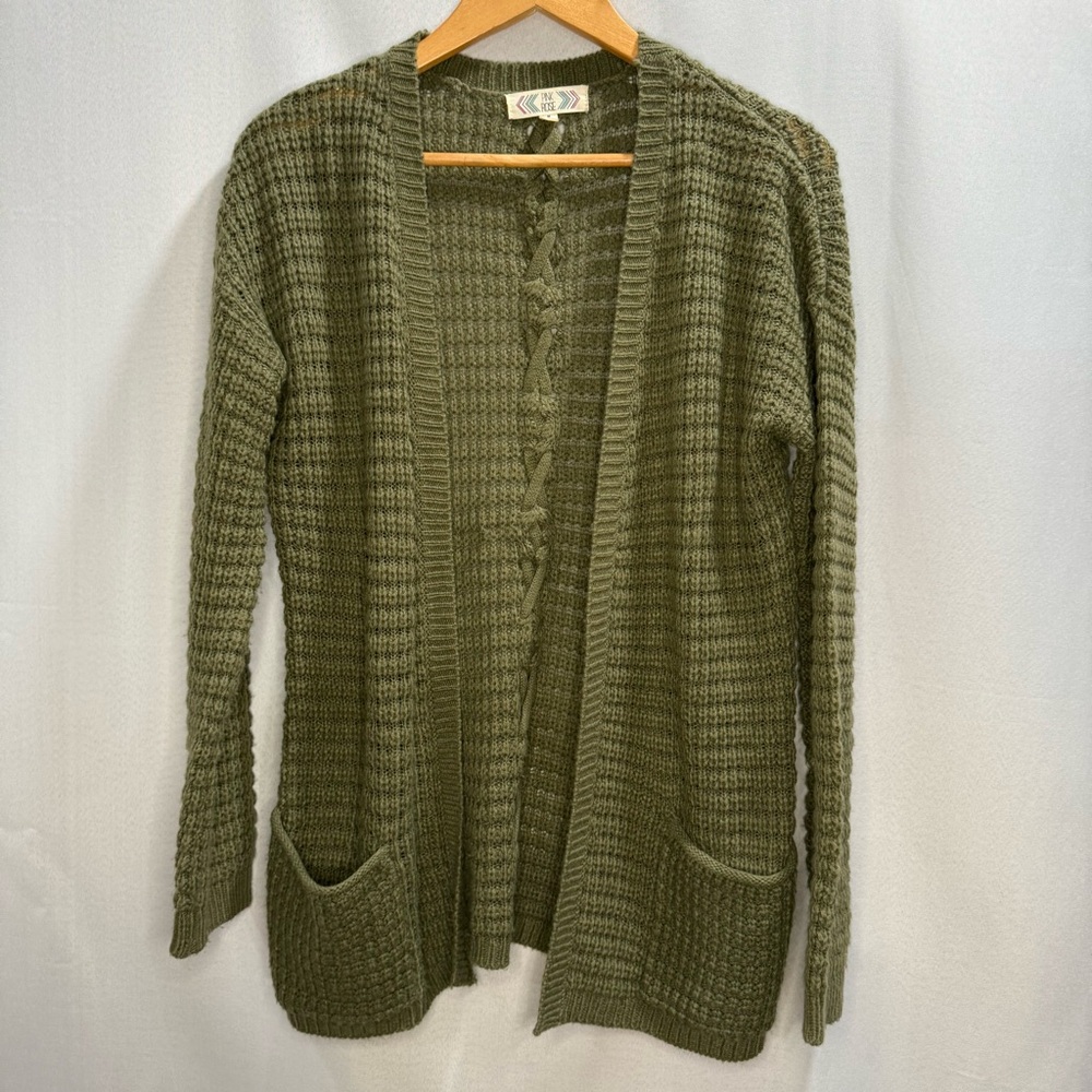 Pink Rose Olive Green Open Front Cardigan Sweater Women’s Medium
